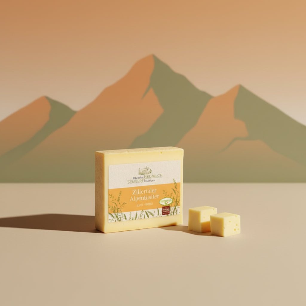 Käseblock mit Verpackung und Anschnitt vor stilisierter Berglandschaft.