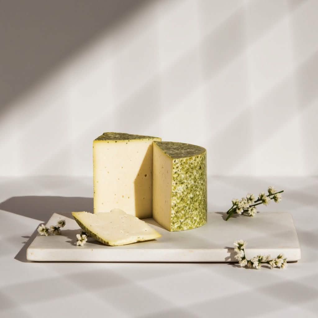 Käse mit grüner Kräuterrinde und Anschnitt auf weißem Holzbrett mit Blüten.