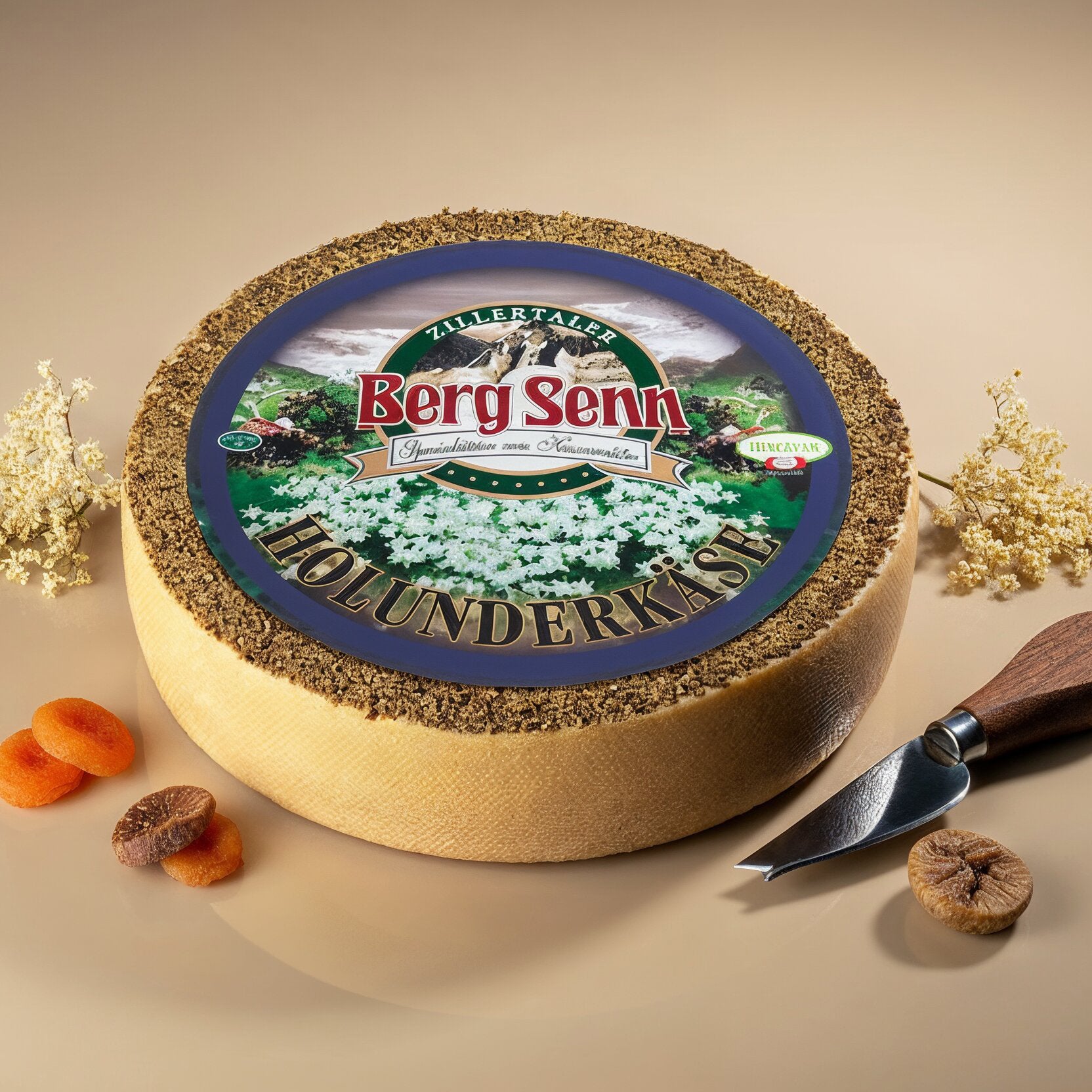 Bergkäse mit Etikette, Käsemesser und getrockneten Früchten auf beigem Untergrund.