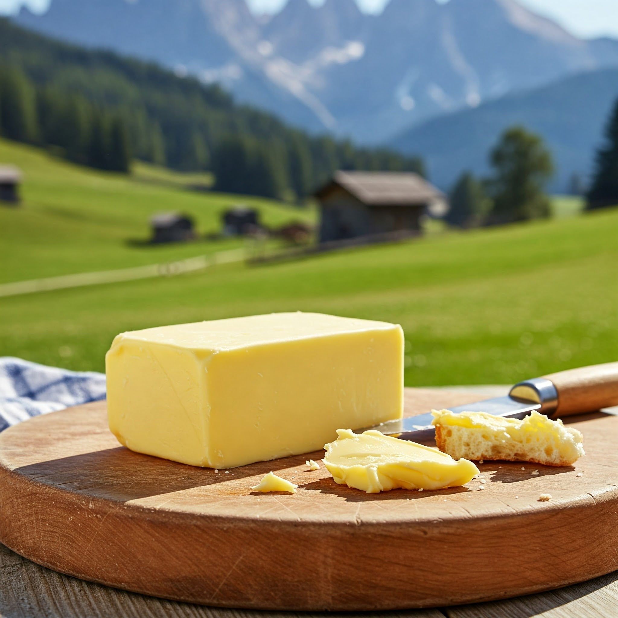 Käselaib mit Anschnitt auf Holzbrett, Alpenlandschaft mit Hütte im Hintergrund.