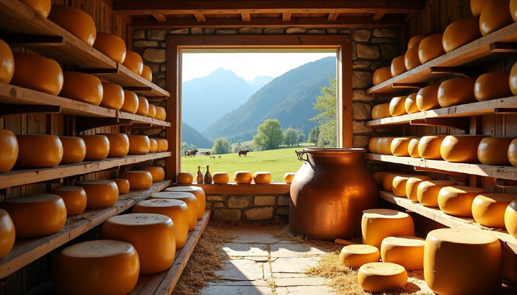 Käselaib in Sennerei-Lagerraum mit Berglandschaft durch großes Fenster sichtbar.
