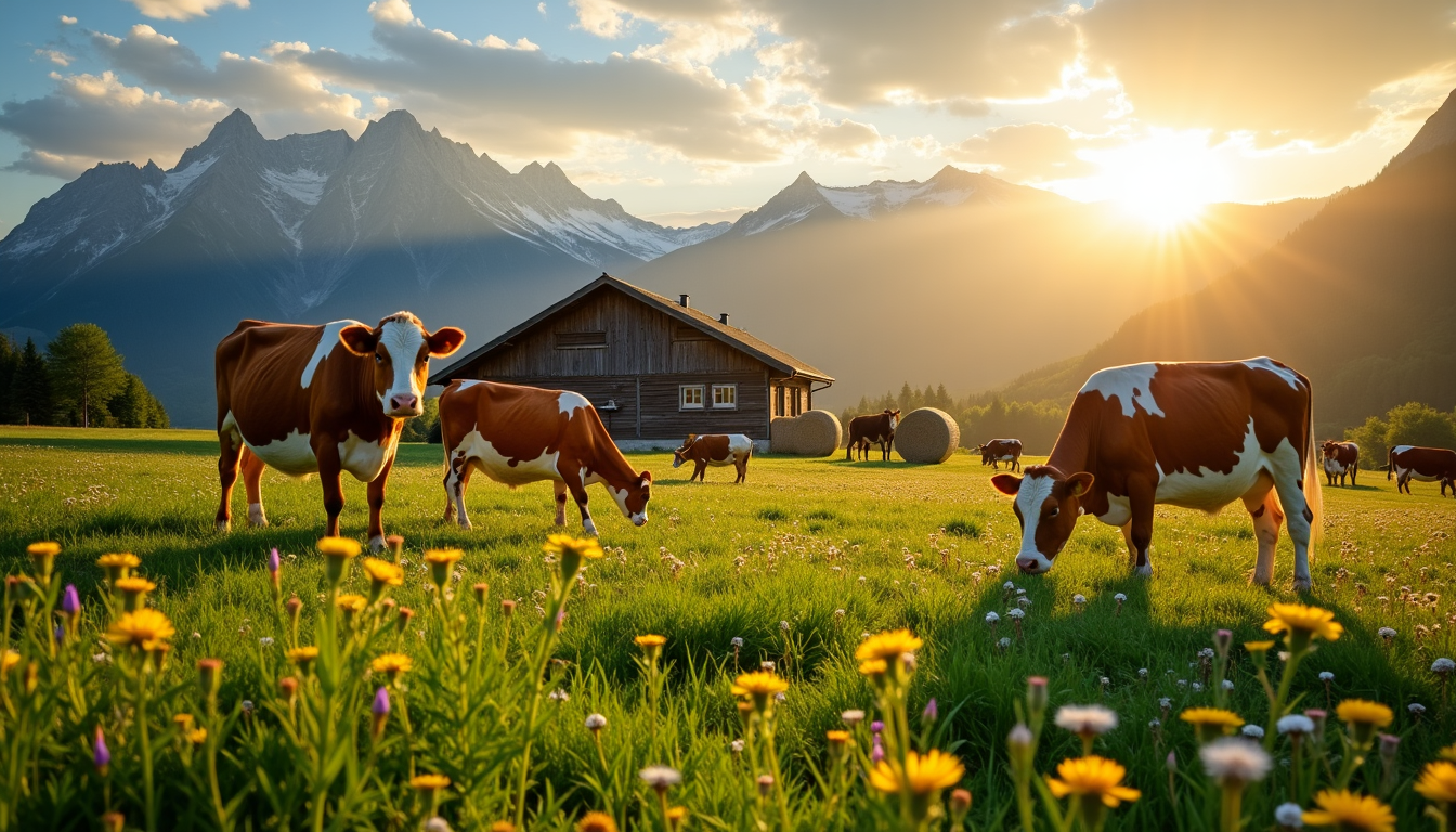 Kühe grasen auf alpiner Bergweide mit traditionellem Holzhaus, schneebedeckten Bergen und Blütenwiese.