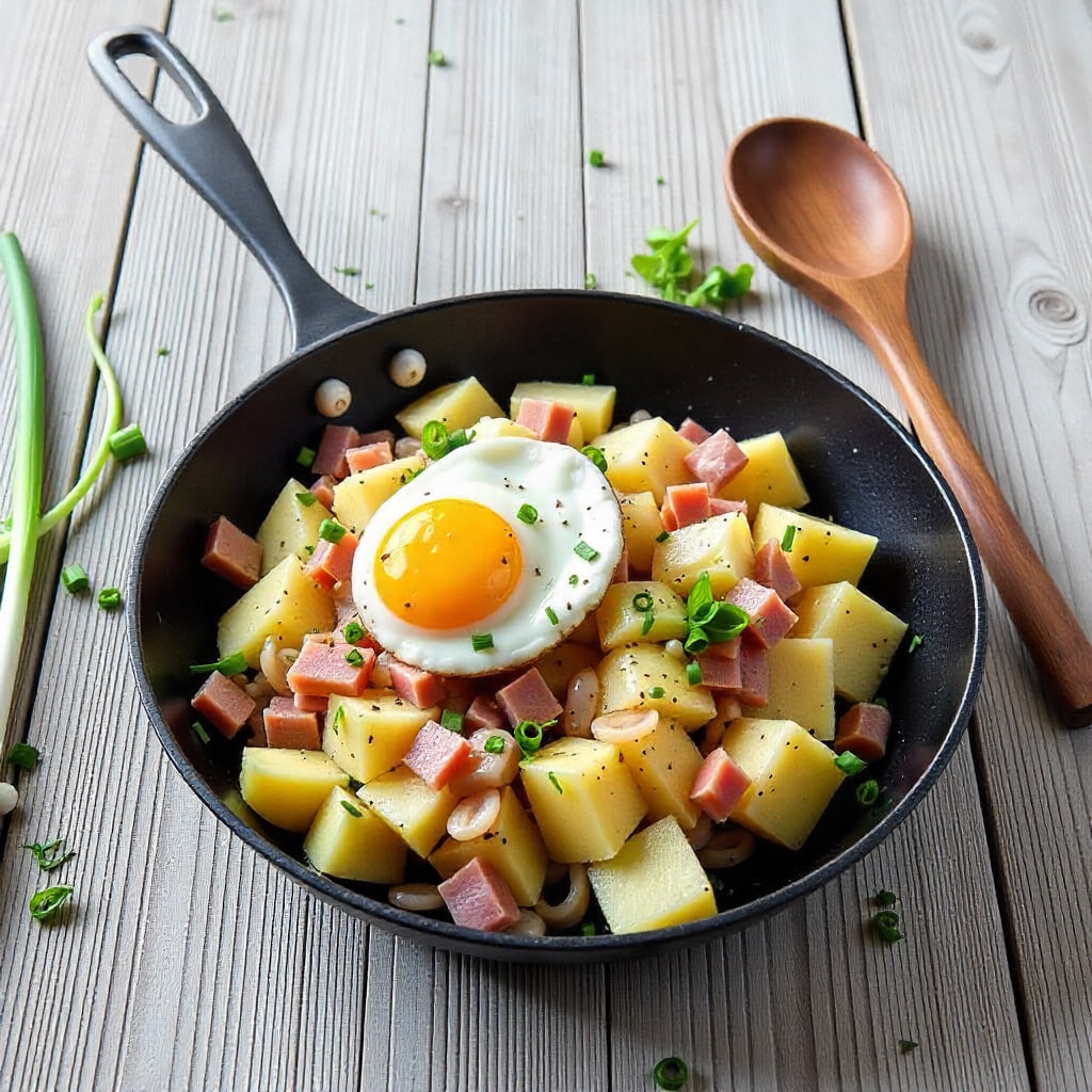 Pfanne mit Kartoffeln, Speck und Spiegelei auf weißem Holzbrett
