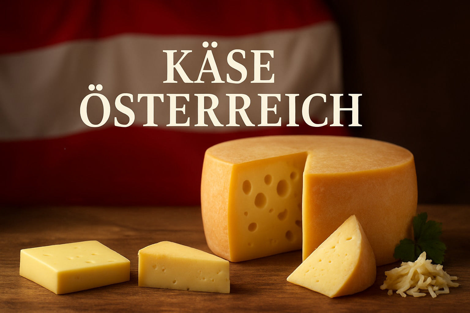 Österreichischer Käse in verschiedenen Schnitten und als Käselaib auf Holzbrett.