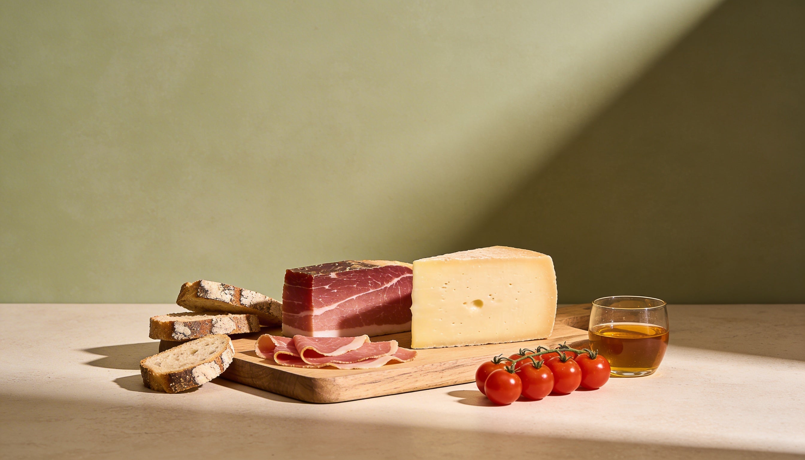 Tiroler Spezialitäten auf Holzbrett: Speck, Käse, Brot, Tomaten und Öl in Studio-Arrangement.