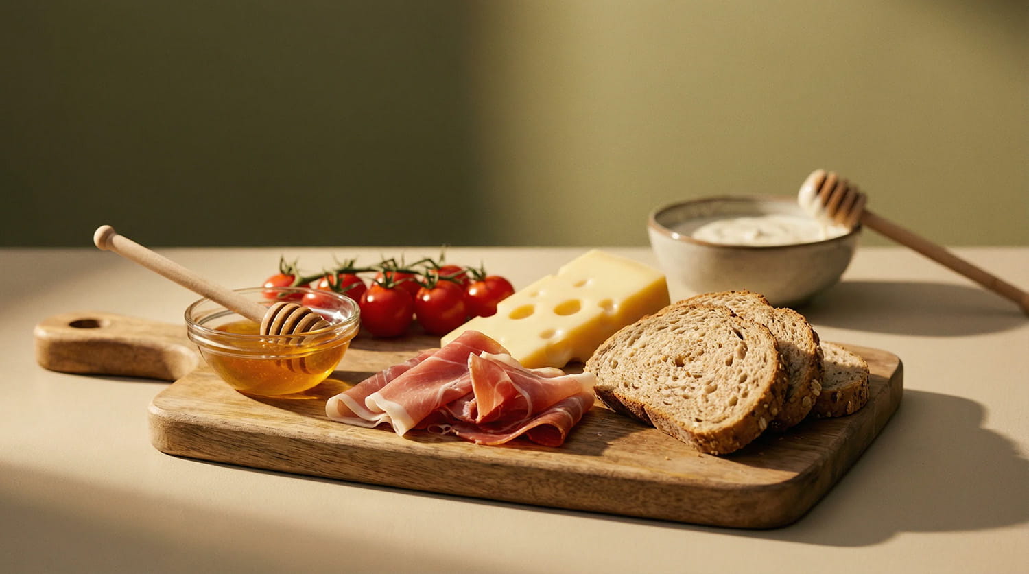 Holzbrett mit Speck, Käse, Brot, Honig, Tomaten und Joghurt arrangiert.