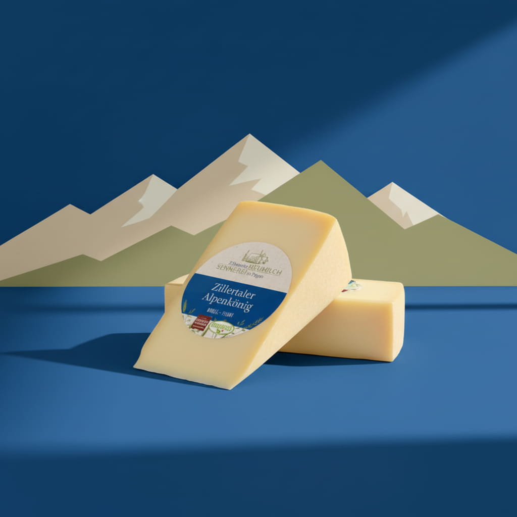 Zillertaler Alpenkäse in Verpackung und Anschnitt vor stilisierter Berglandschaft.