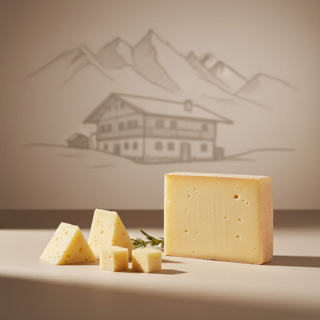 Käselaib und Käsestücke mit Kräutern vor Almhütte und Bergsilhouette.