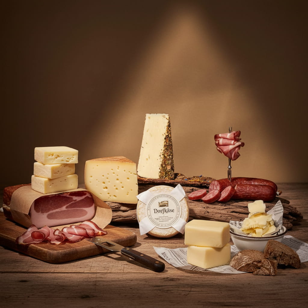 Arrangement aus verschiedenen Tiroler Käsesorten, Speck, Wurst und Butter auf Holzbrettern und Holzstöcken.