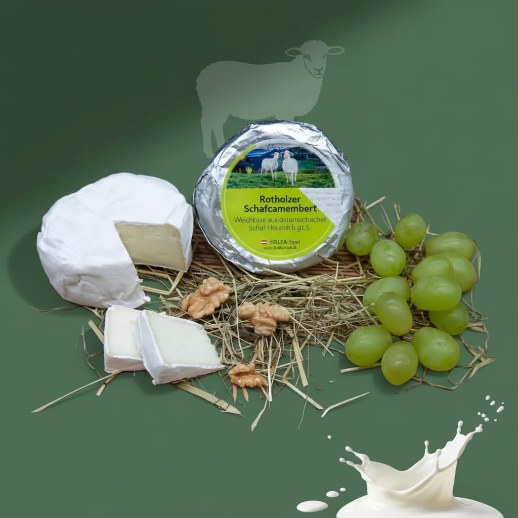 Rotholzer Schafcamembert Weichkäse mit Verpackung, Trauben, Nüssen und Heu auf grünem Hintergrund.
