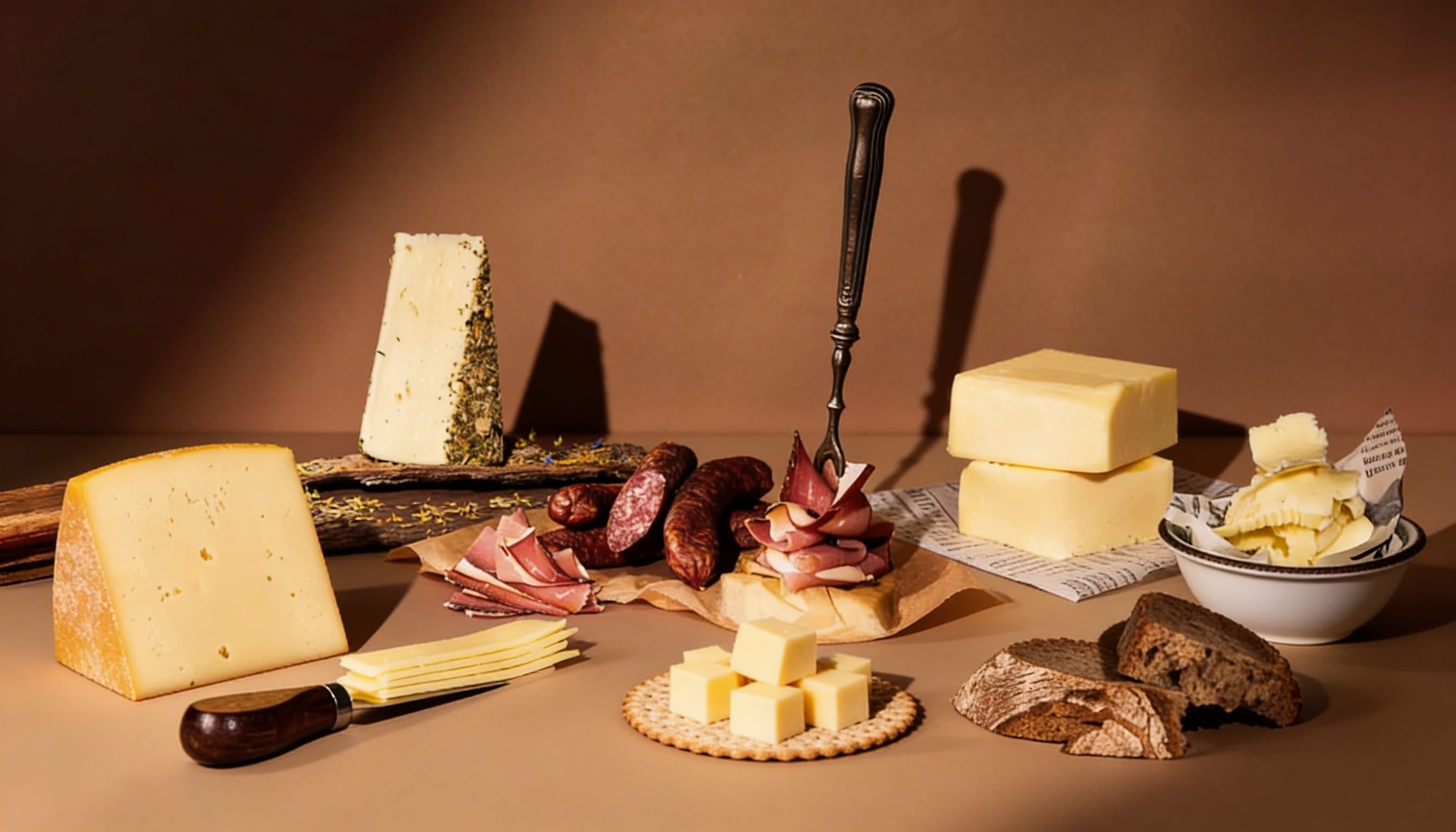 Stillebendarstellung von Tiroler Spezialitäten: Käsesorten, Wurst und Speck mit Brot und Käsemesser.