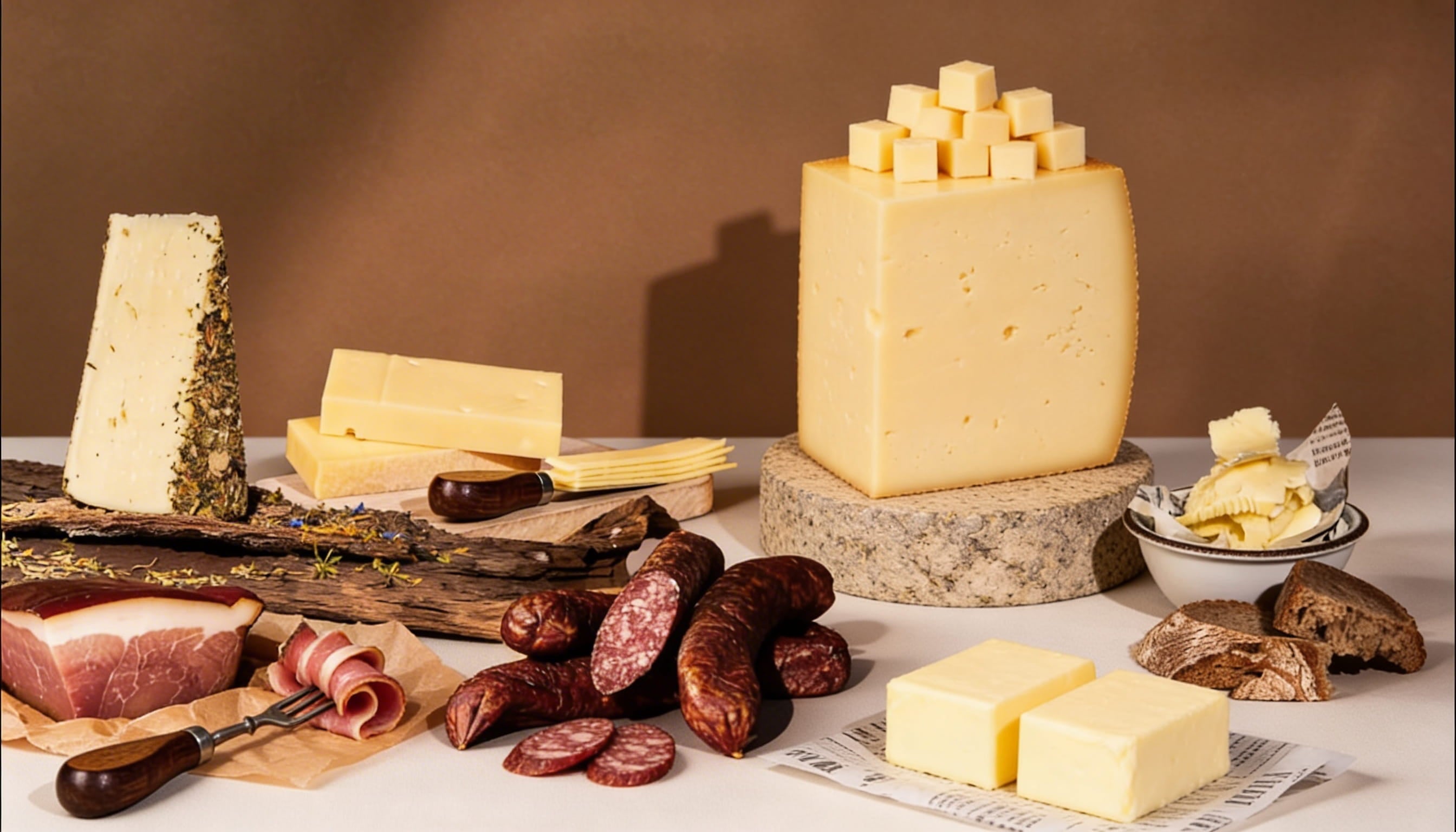 Arrangement aus verschiedenen Tiroler Handwerksspezialitäten: Käsesorten, Speck, Wurst, Brot und Gebäck auf neutralem Hintergrund.