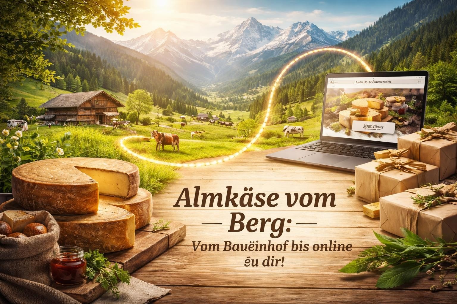 Almkäse-Laibe auf Holzbrett mit Almlandschaft und Hütte im Hintergrund