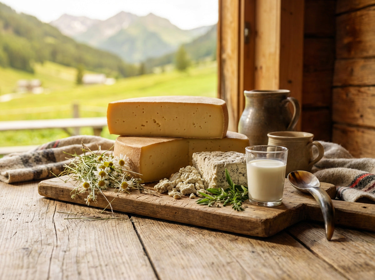 Käsesorten mit Milchglas auf Holzbrett, Almlandschaft und Holzhütte im Hintergrund.