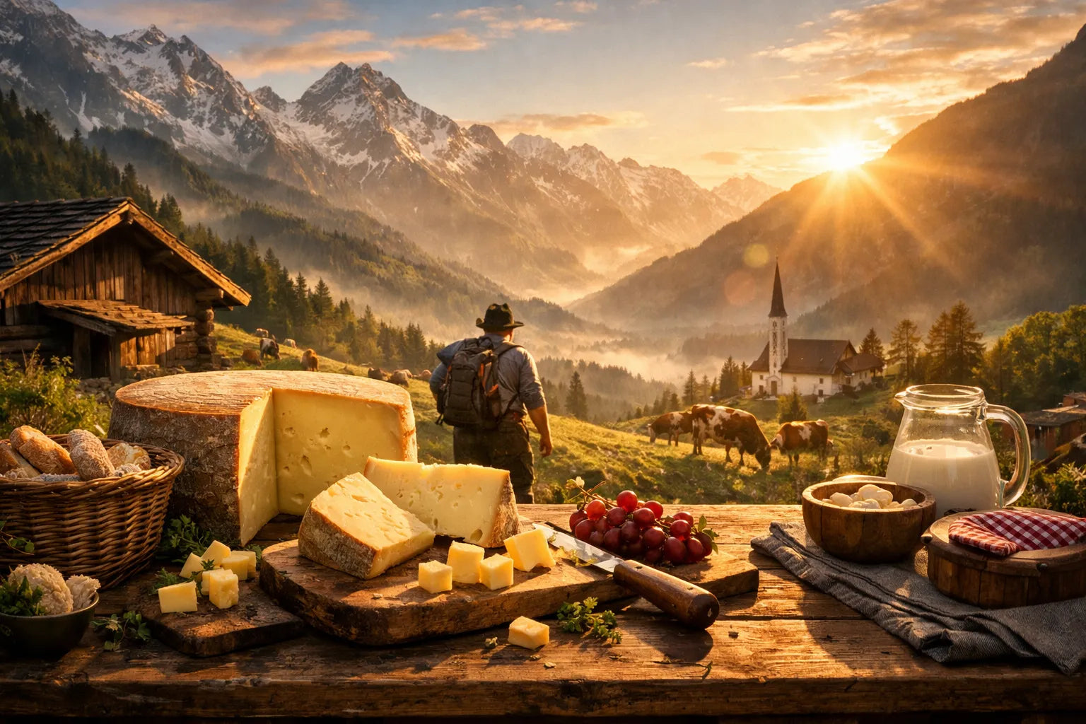 Käseanschnitt und Alpprodukte auf Holzbrett mit Almpanorama und Berglandschaft im Hintergrund.