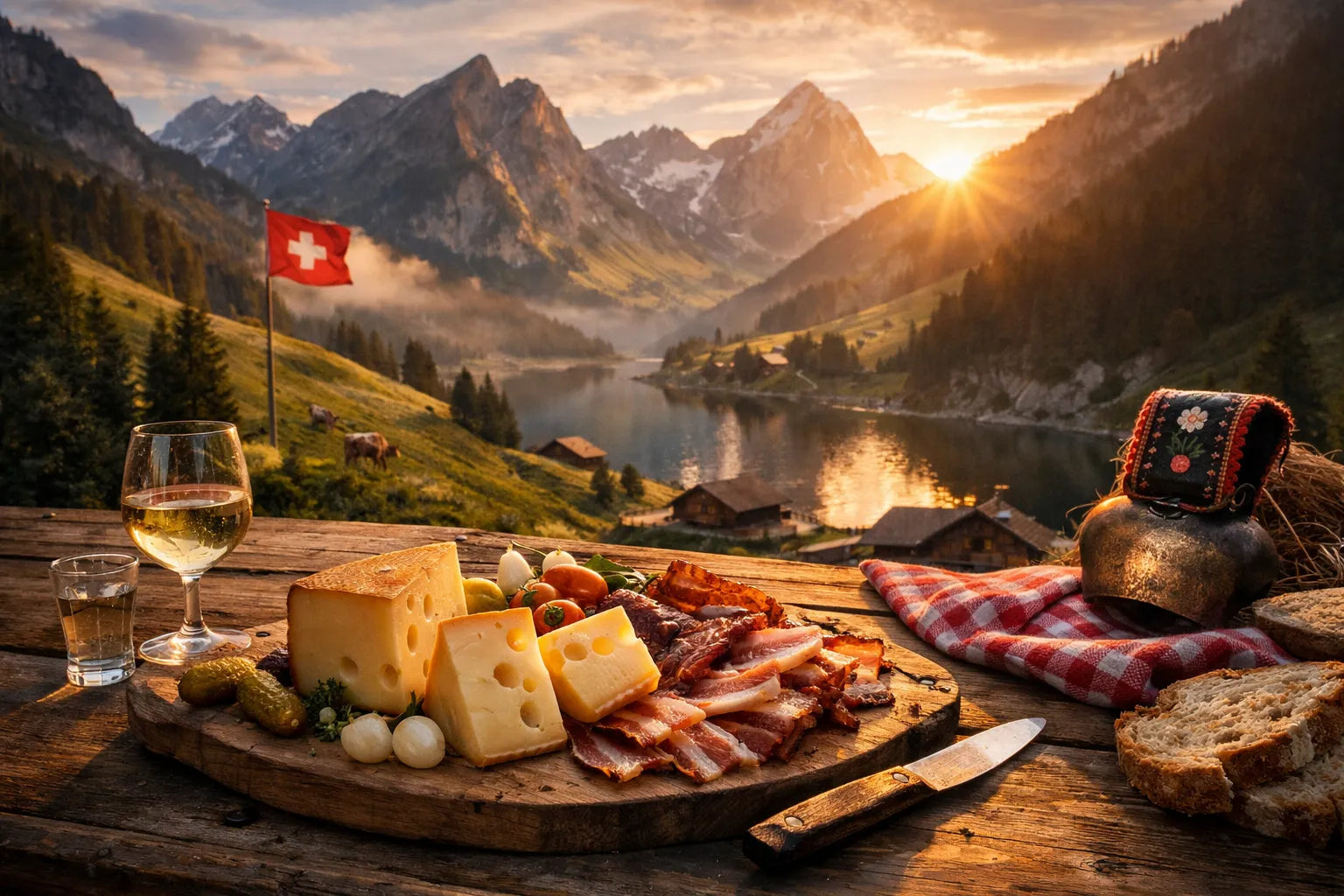 Käse und Speck auf Holzbrett vor Alpenlandschaft