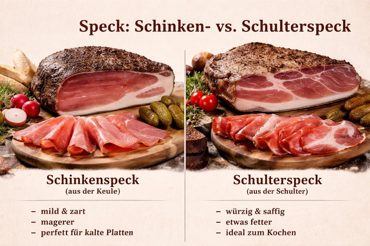 Vergleich von Schinkenspeck und Schulterspeck mit aufgeschnittenen Scheiben auf Holzbrettern, Gewürzen und Zutaten.