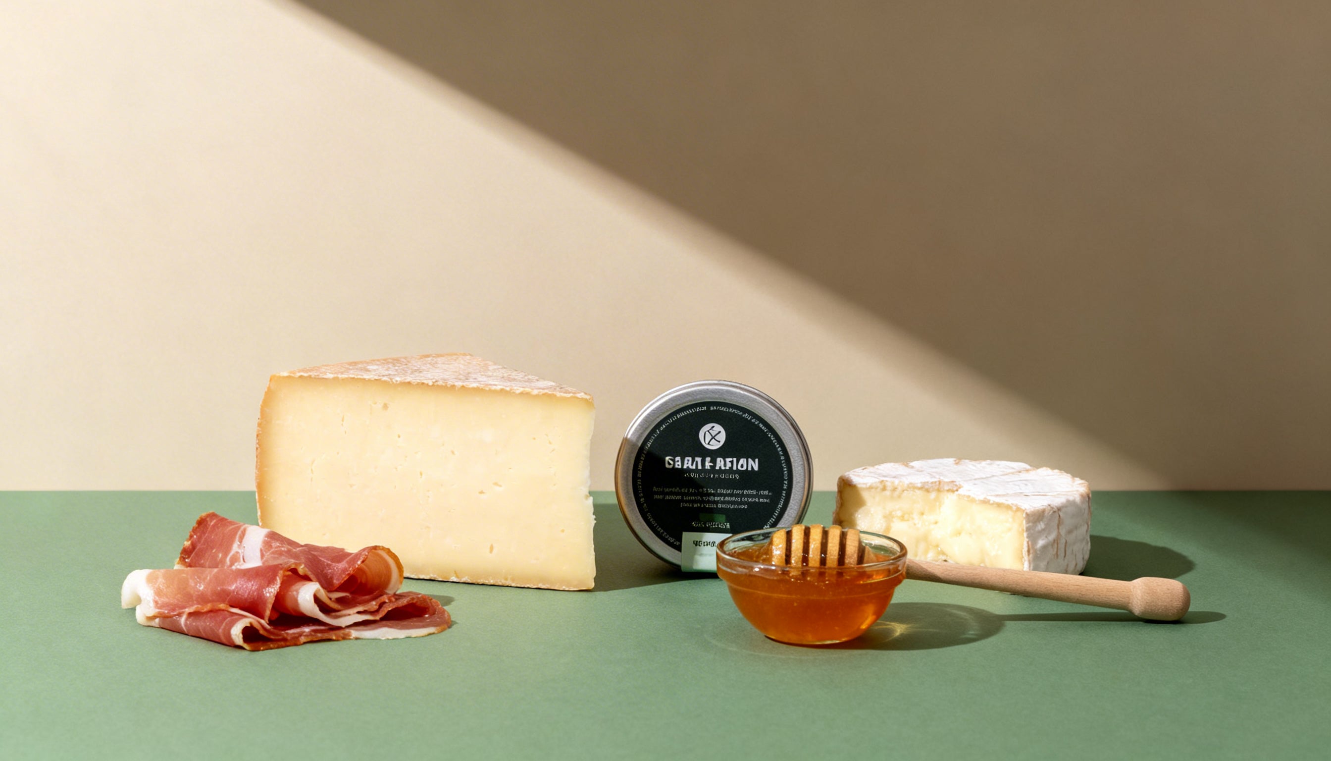 Käsesorten, Speck, Honig und Butter auf grünem Untergrund arrangiert.