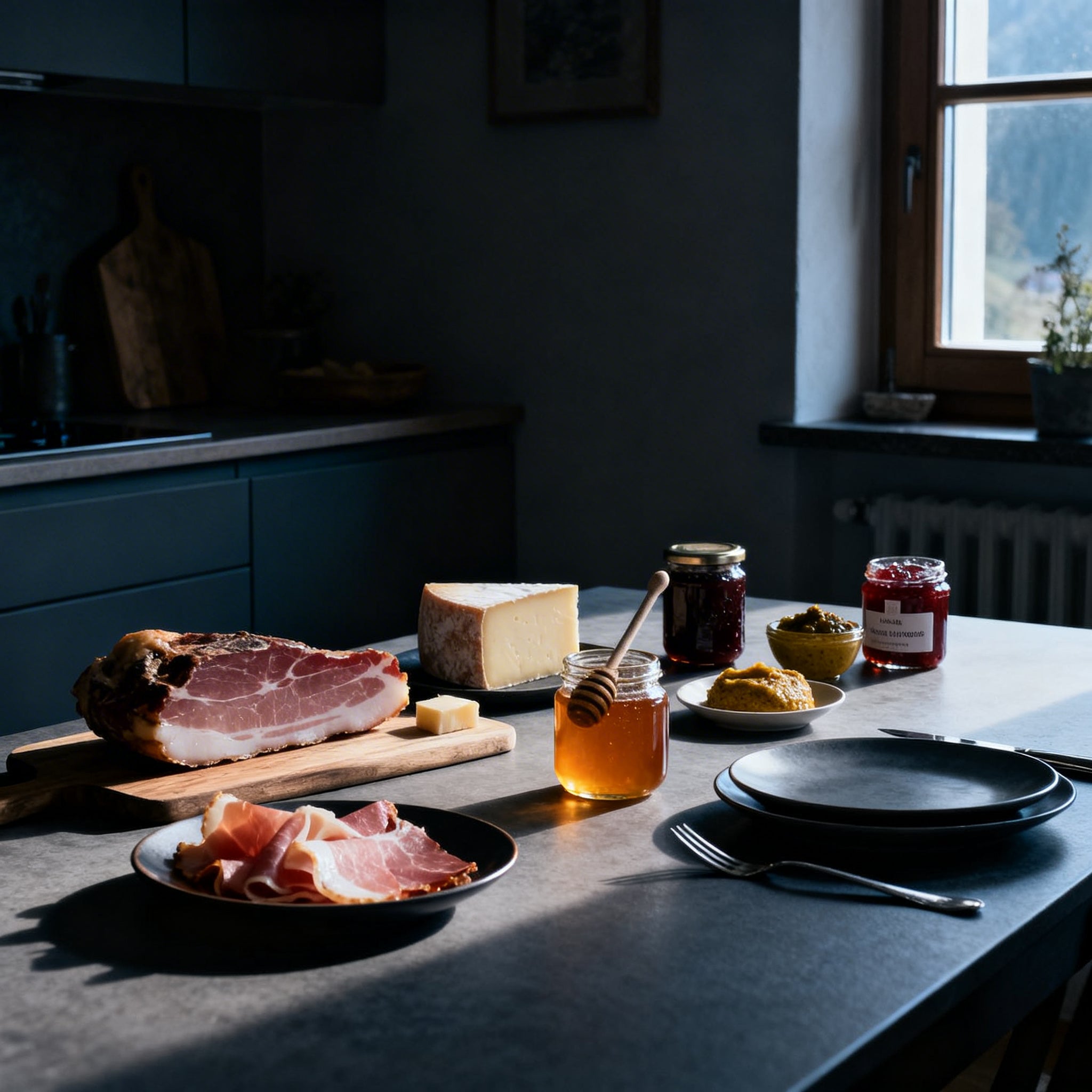 Tiroler Spezialitäten auf Tisch: Speck, Käse, Honig, Marmelade in Almhütte
