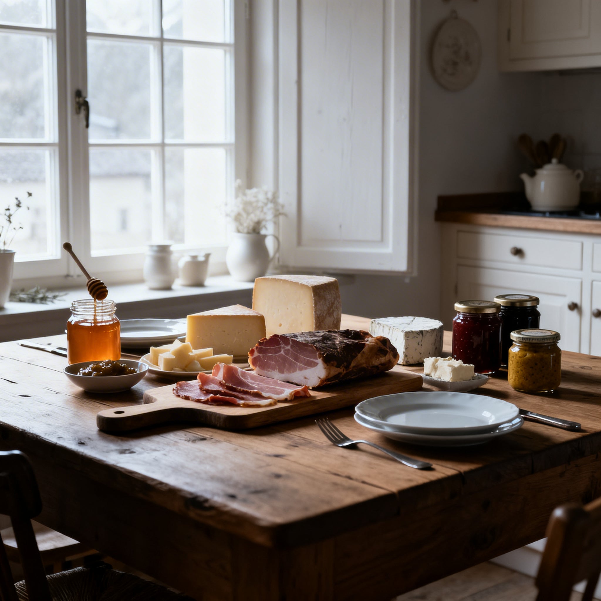 Jausnbrett mit Käse, Speck und Aufstrichen auf Holztisch — Tiroler Spezialitäten