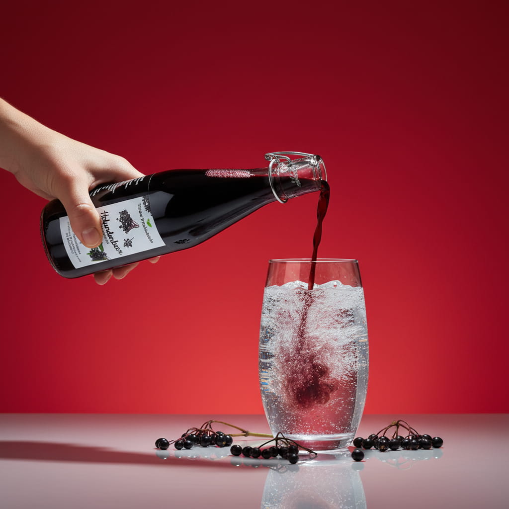 Hand gießt Holunder-Sirup in Glas mit Mineralwasser, Holunderbeeren daneben.