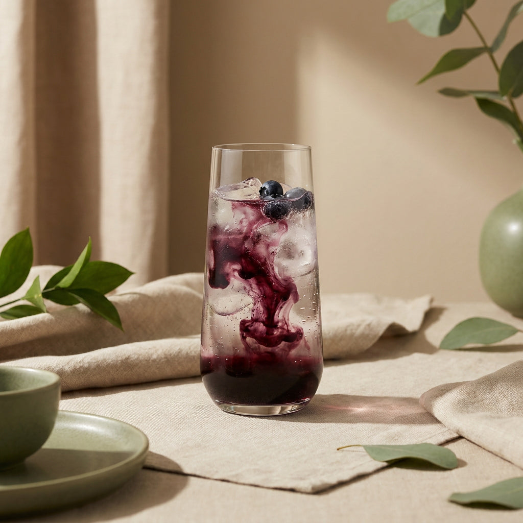 Heidelbeer Spritzer mit Mineralwasser und Eis