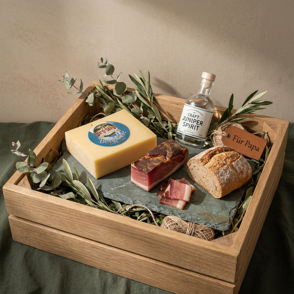 Vatertagsgeschenk mit Käse und Speck in Holzbox
