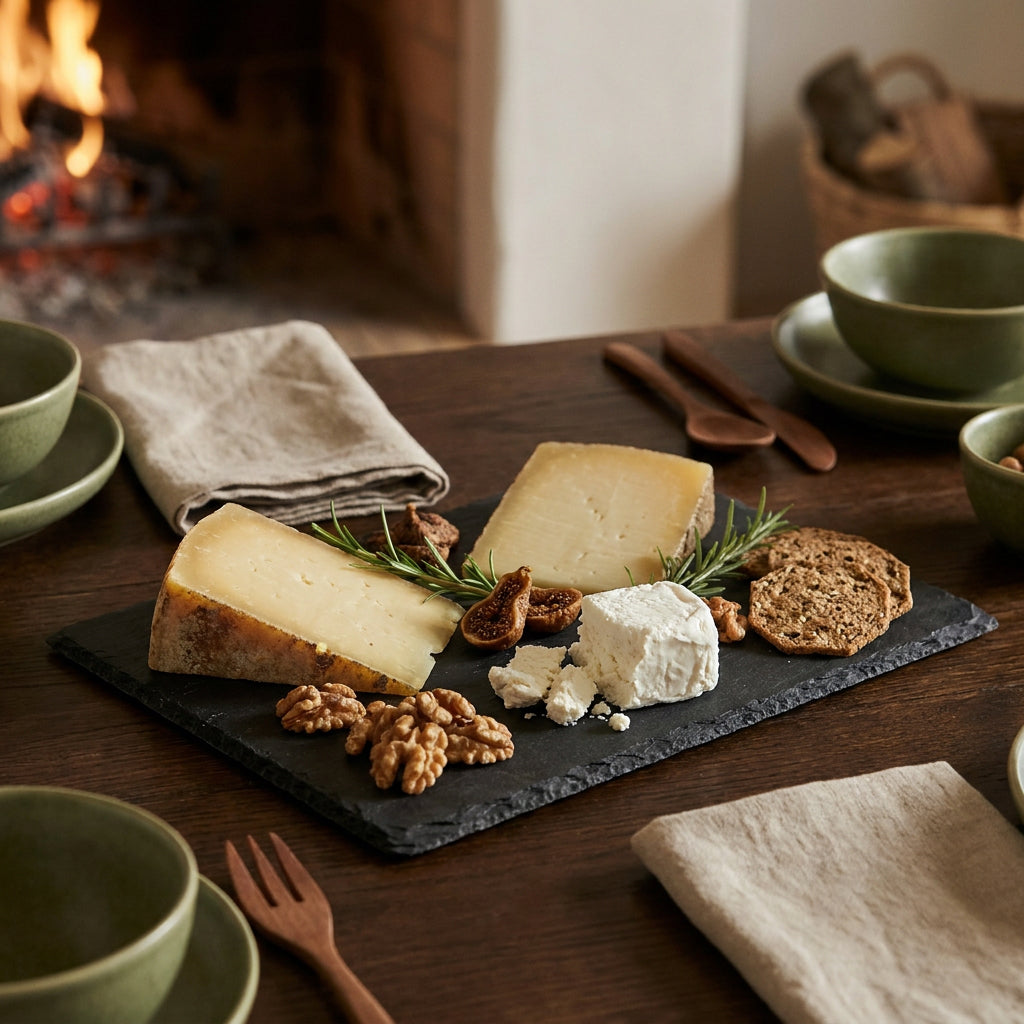 Käse mit Feigen, Honig und Nüssen auf Schieferbrett