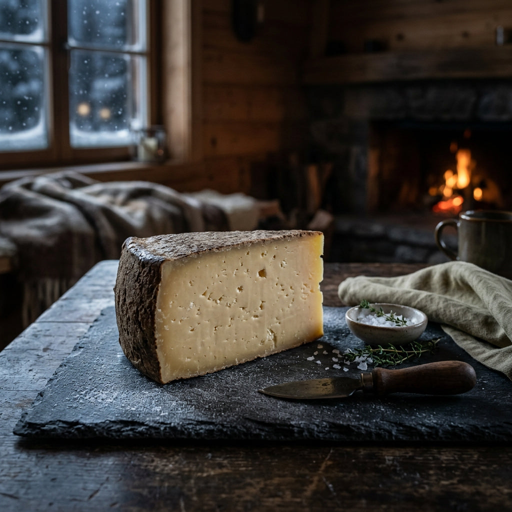 Käsekeil mit Rinde auf Schieferplatte in rustikaler Almhütte