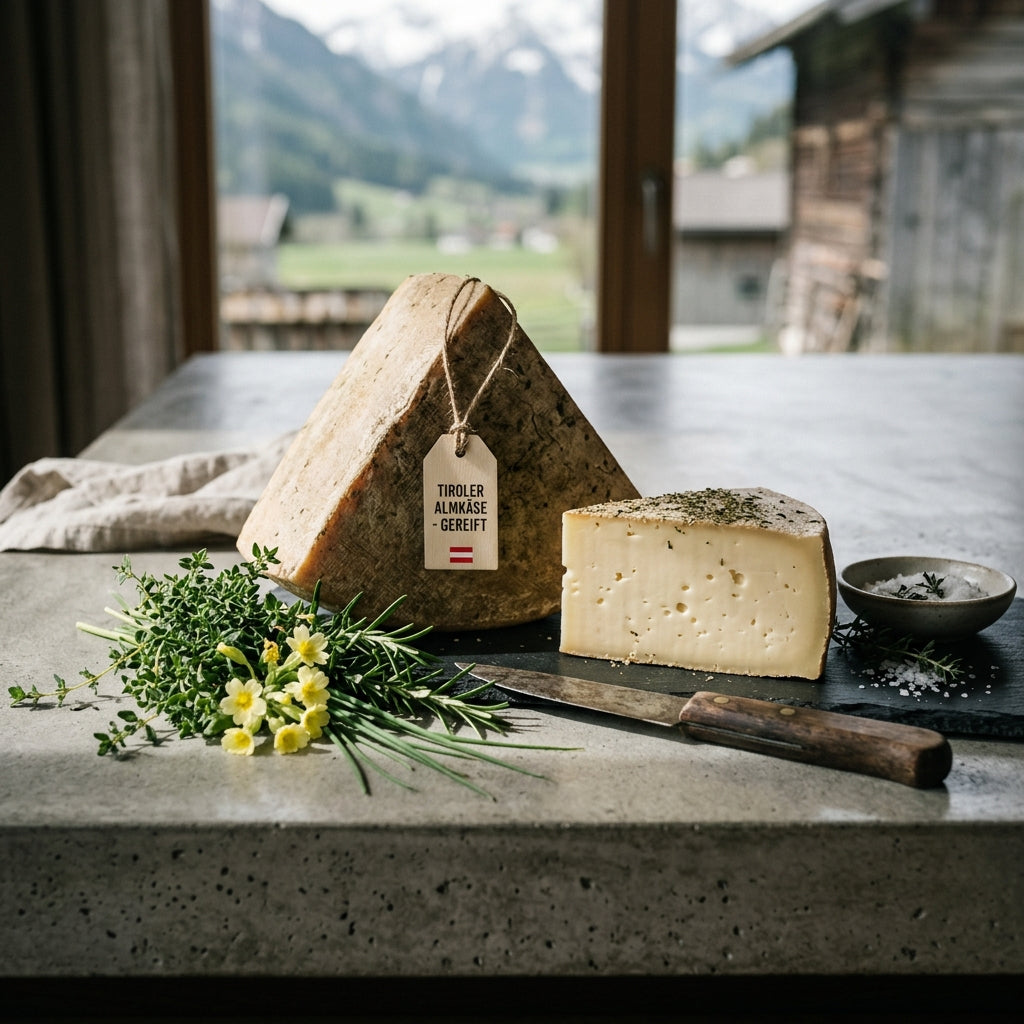 Almkäse mit Anschnitt auf Steintisch, Laib mit Etikett, Kräuter und Berge im Hintergrund