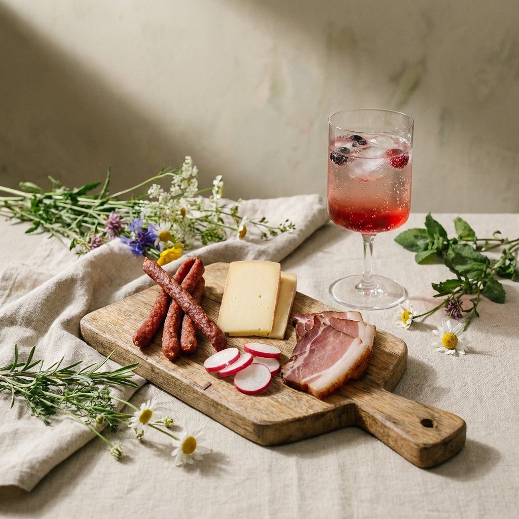 Sommerliche Brettljause mit Radieschen und Getränk