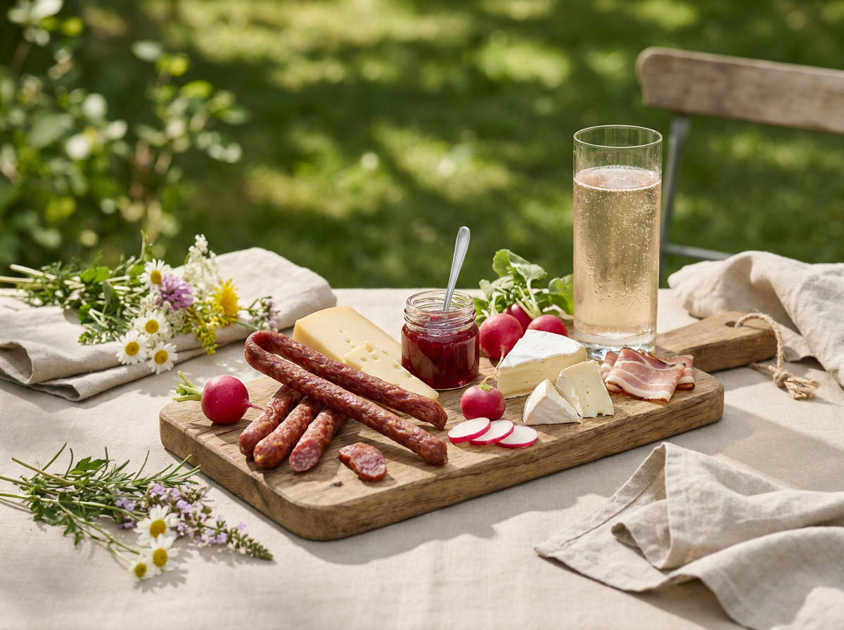 Sommerliche Brettljause mit Käse, Wurst, Speck und Beilagen im Freien