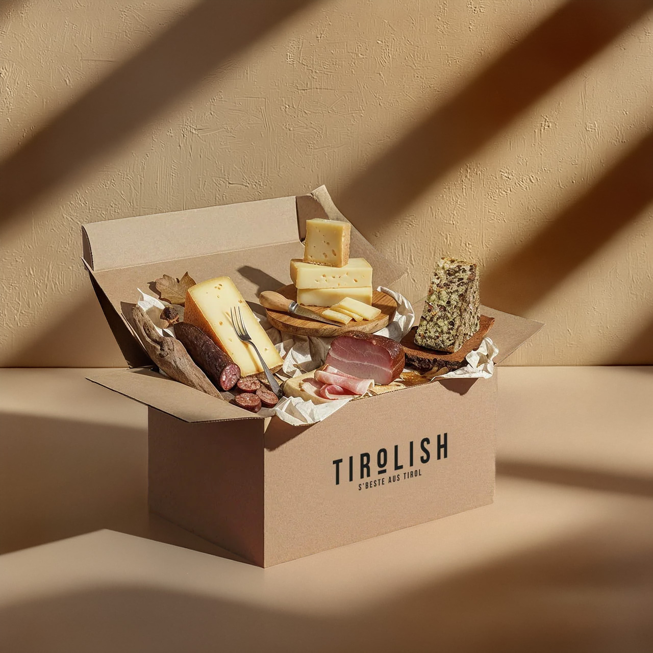 Offene Kartonbox mit Tiroler Spezialitäten: Käsestücke, Wurst, Speck und Brot auf Papier