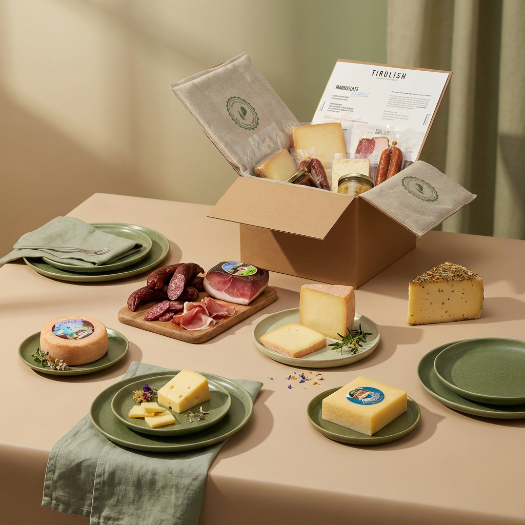 Tiroler Käsesorten, Speck und Wurst auf Tisch mit offener TIROLISH-Produktbox