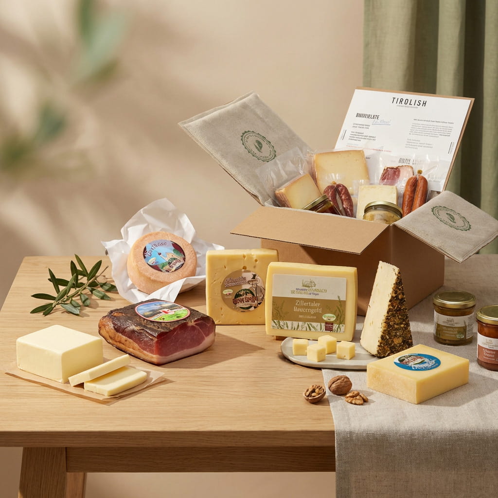 Tiroler Spezialitäten-Auswahl mit Käse, Speck, Wurst und Honig auf Holztisch mit Verpackungsbox