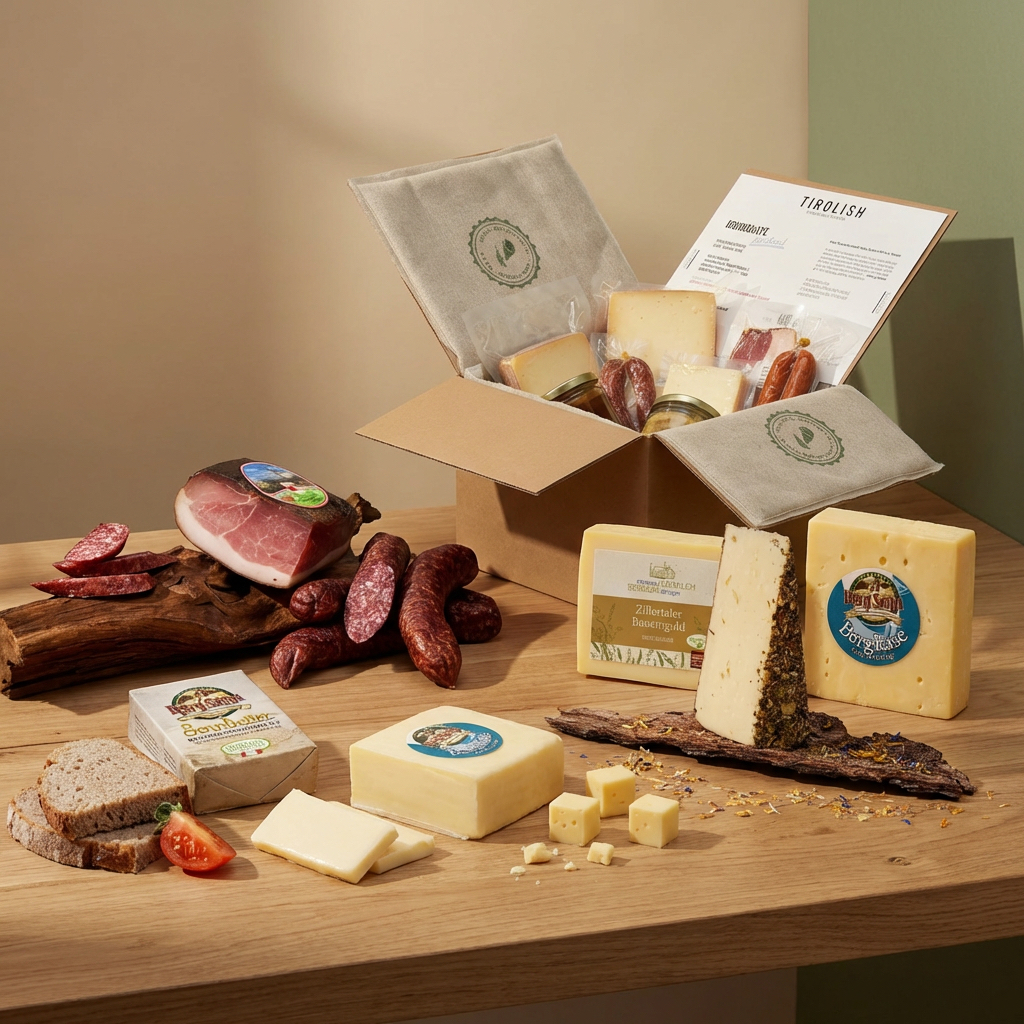 Tiroler Spezialitäten mit Käse, Speck und Brot auf Holzbrett.