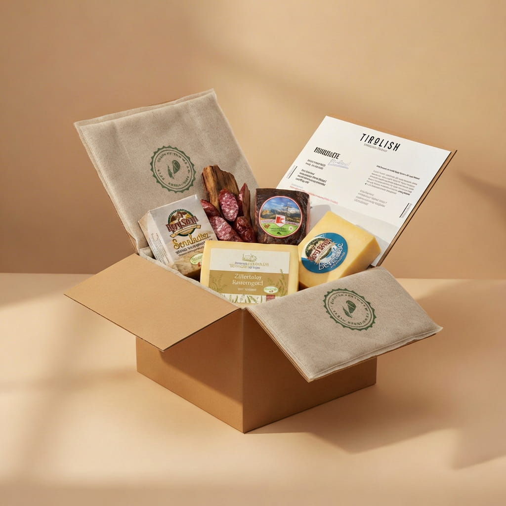 TIROLISH Geschenkbox mit Käse, Speck, Wurst und Begleitmaterial offen präsentiert