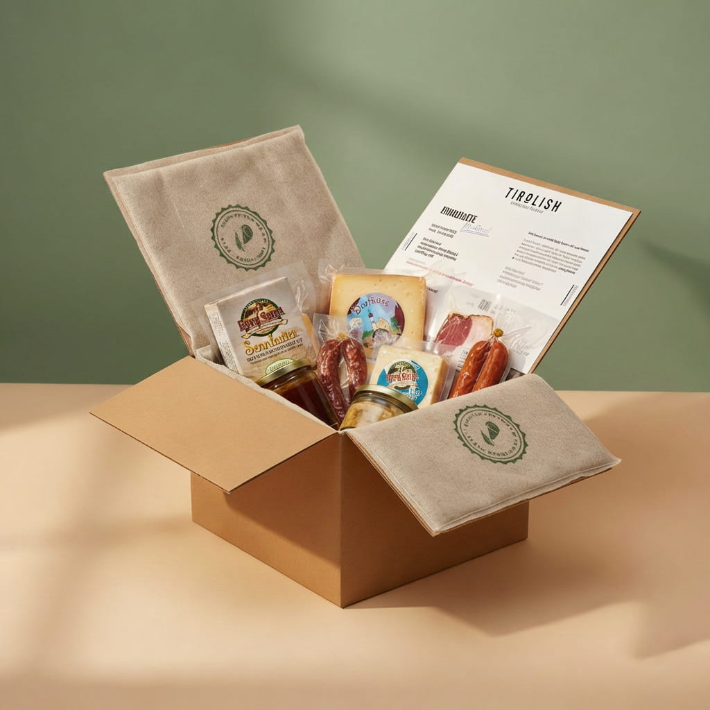 Offene Geschenkbox mit Tiroler Spezialitäten: Käse, Wurst, Speck und Informationsmaterial