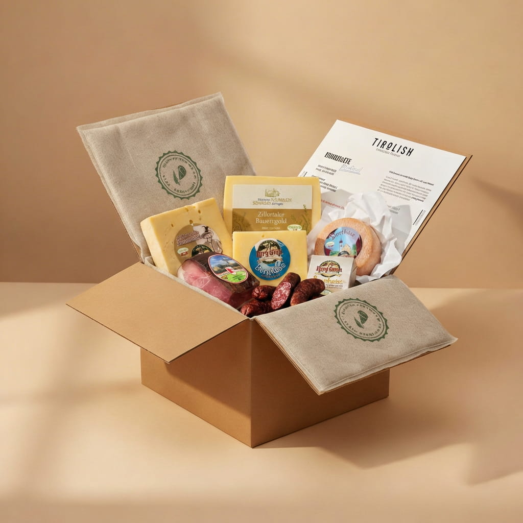 Offene Geschenkbox mit Tiroler Spezialitäten: Käse, Wurst, Schinken, Gebäck und Informationsmaterial.