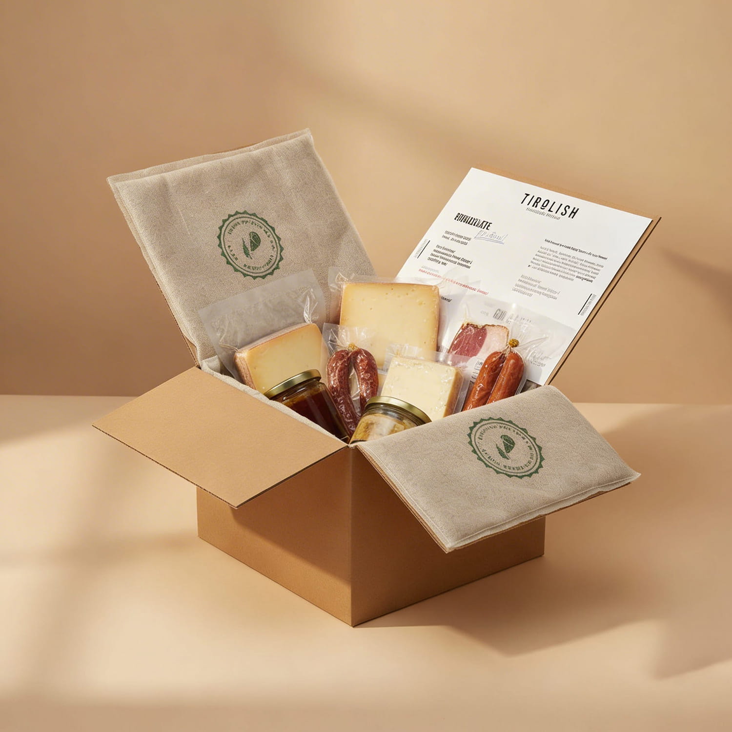 Offene Präsentationsbox mit Käsestücken, Wurst und Informationsmaterial auf beigem Hintergrund.